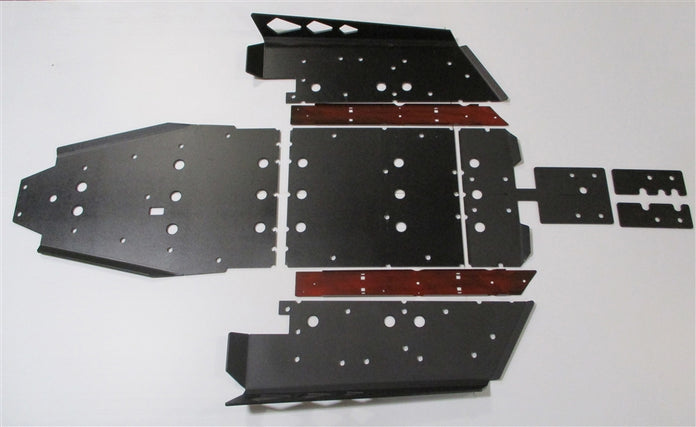 Set of black skid plate panels laid out on a white surface, arranged to show their assembled layout for an off-road vehicle