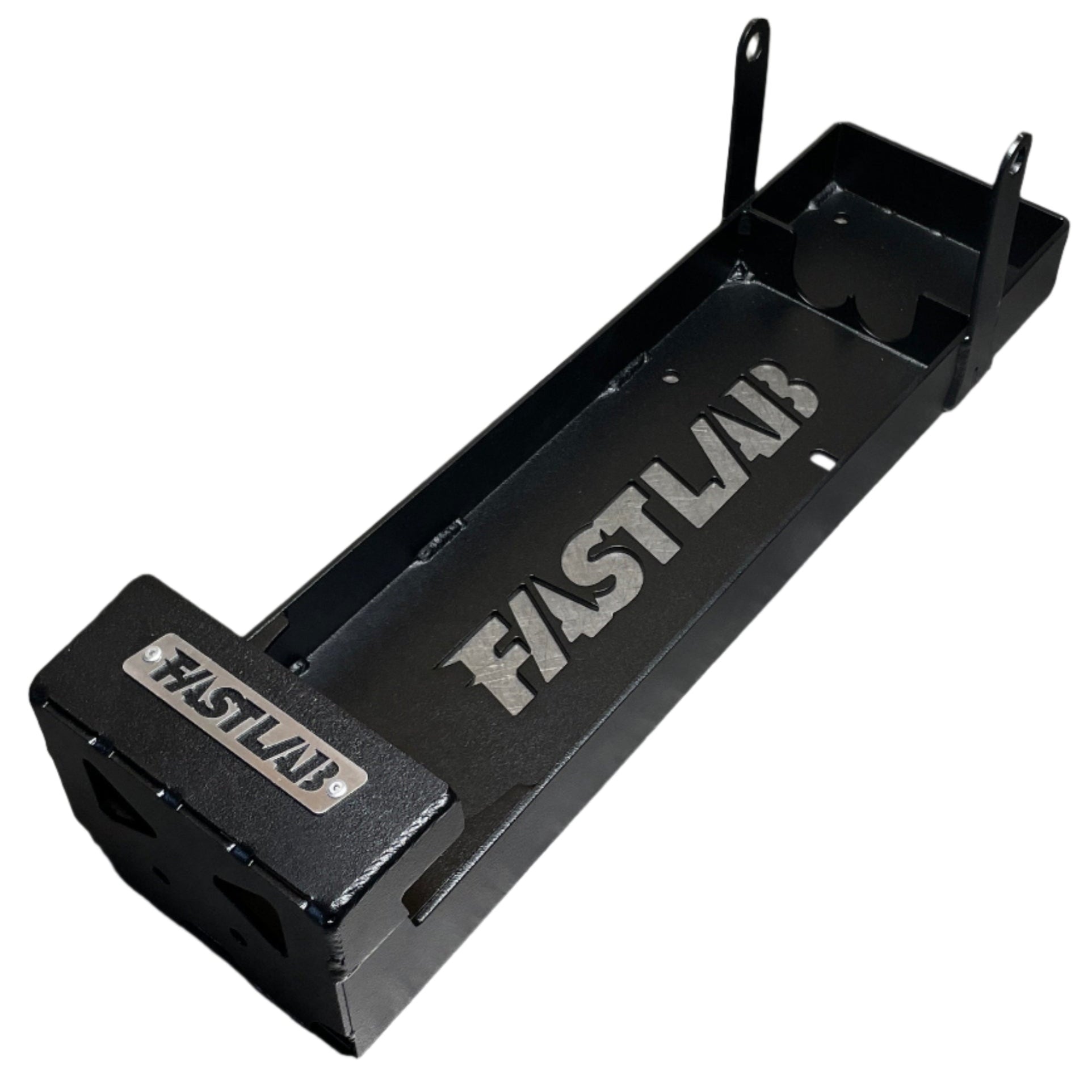 Black metal bracket with &#39;FASTLAB&#39; branding on a concrete surface.