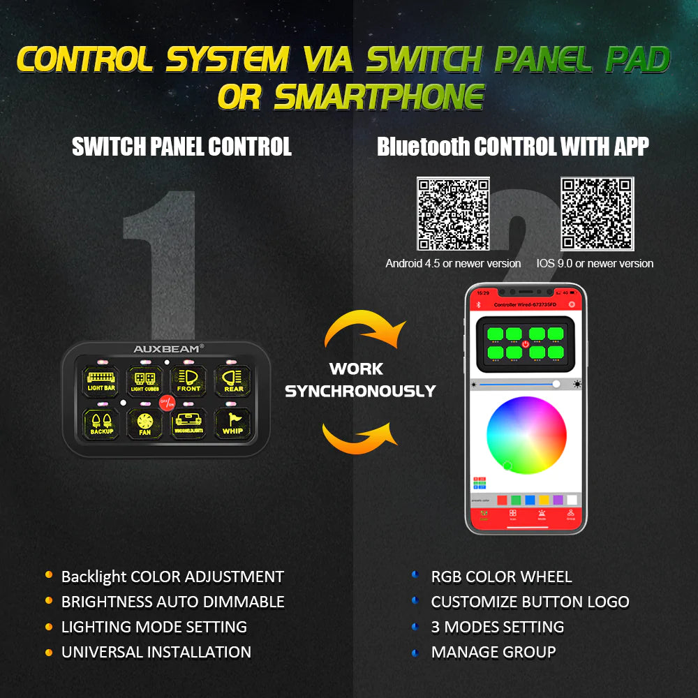 8 Gang RGB Switch Panel with APP AR-800 by Auxbeam