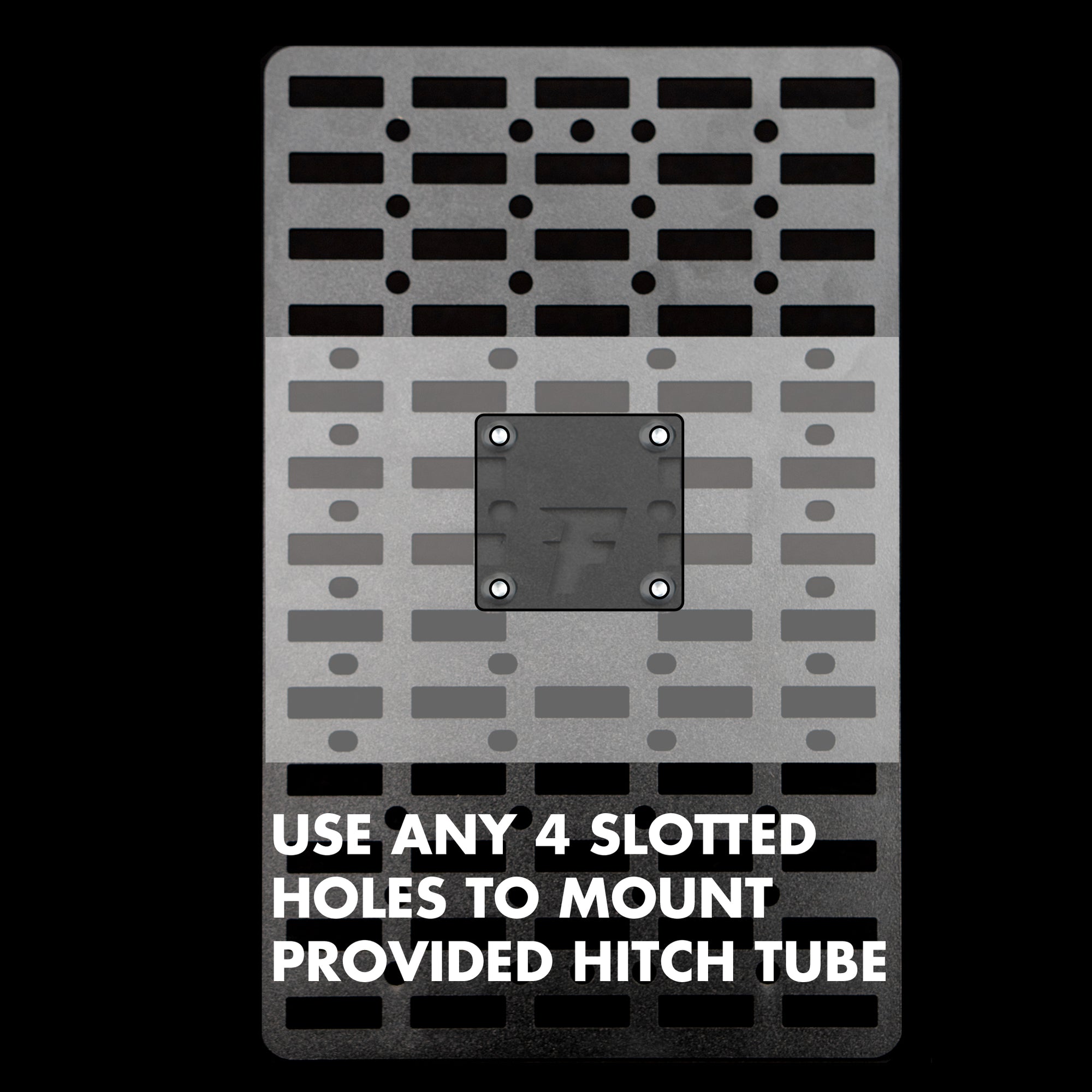 use any 4 slotted holes to mount provided hitch tube