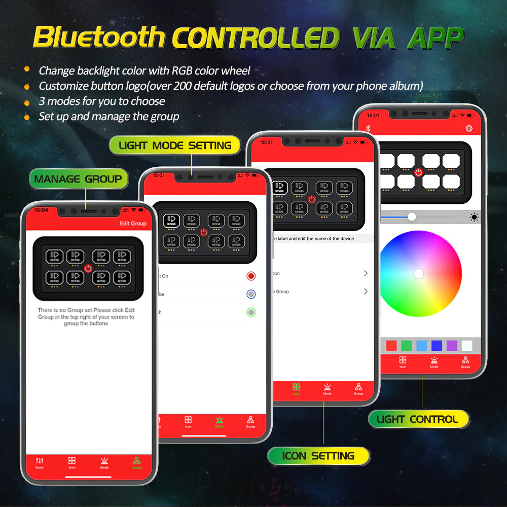 8 Gang RGB Switch Panel with APP AR-800 by Auxbeam